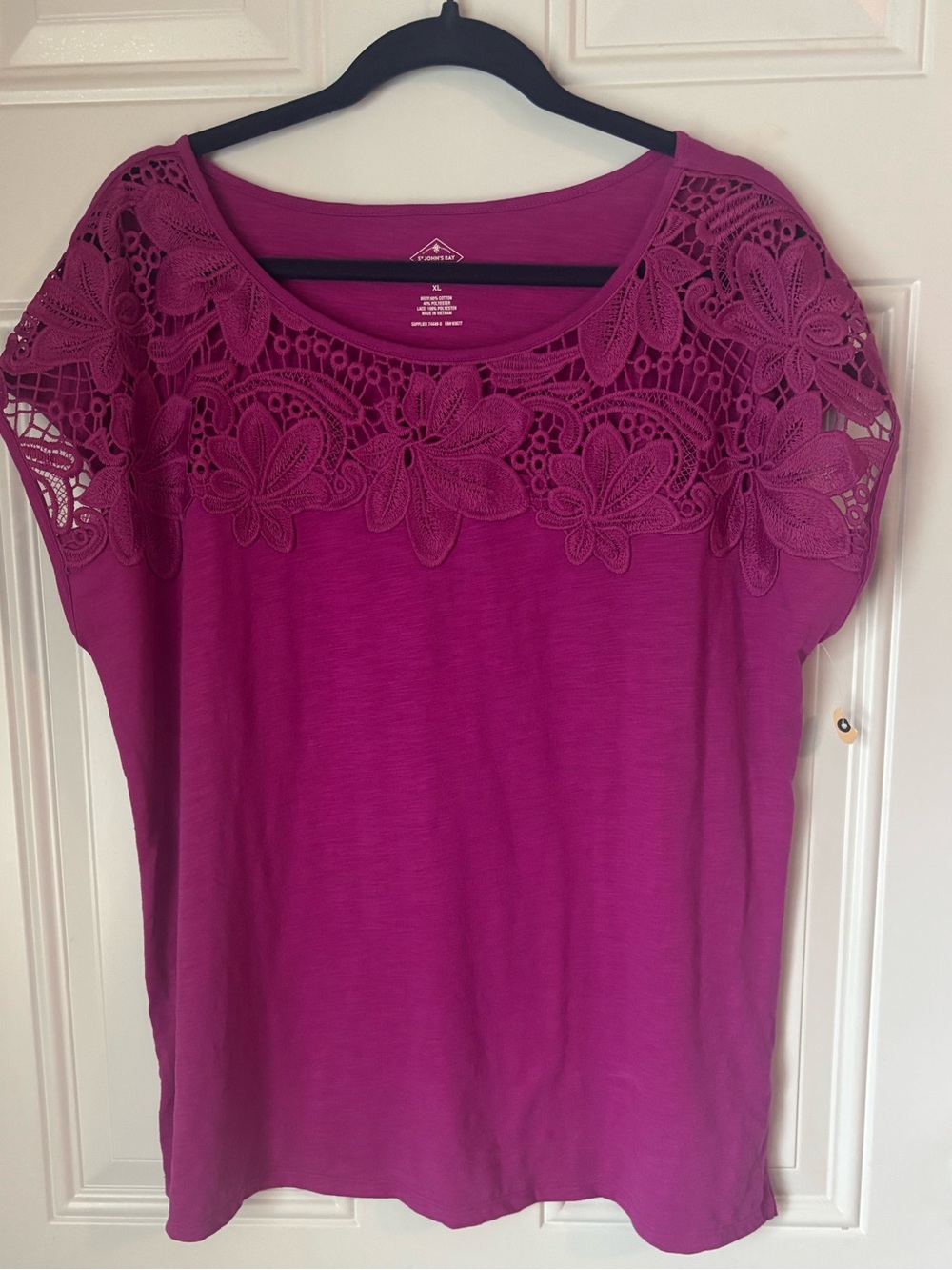 St. John's Bay Magenta Crochet Yoke Short Sleeve Top